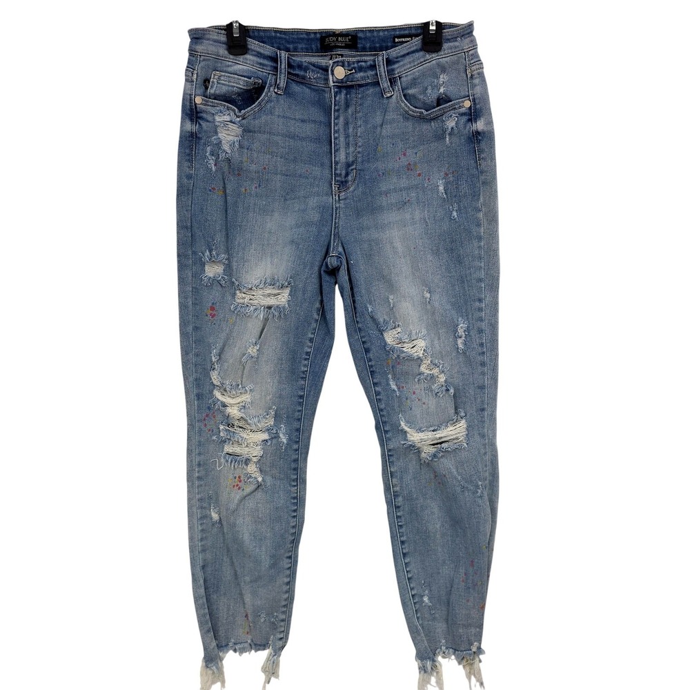 Judy Blue Jeans 11/30 Light Wash Boyfriend High‎ Rise Distressed Easter Splatter